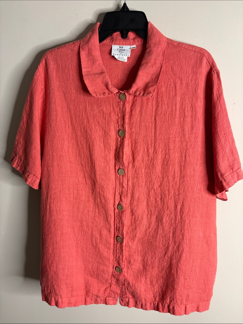 Hot Cotton Coral Button-Down Short Sleeve Relaxed Shirt